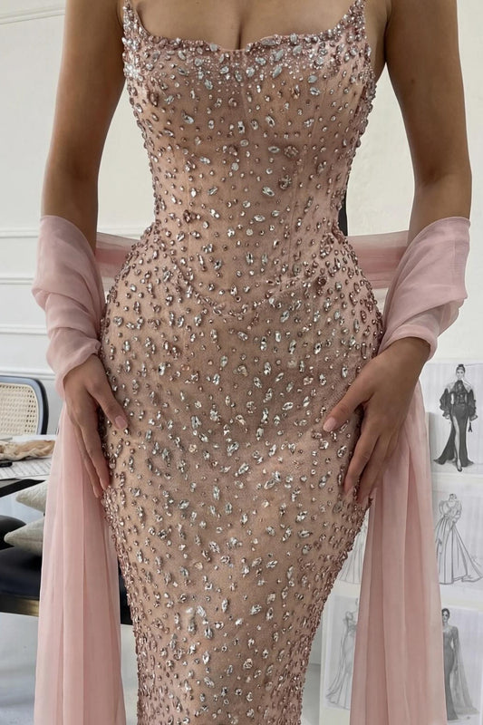 Gorgeous Mermaid Strapless Light Pink Long Prom Dress with Beading