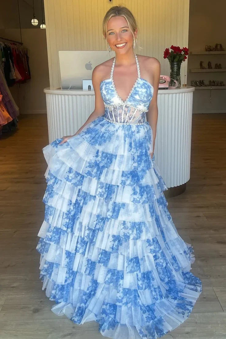 Gorgeous A Line Halter Neck Pink Floral Printed Corset Prom Dress with Ruffles