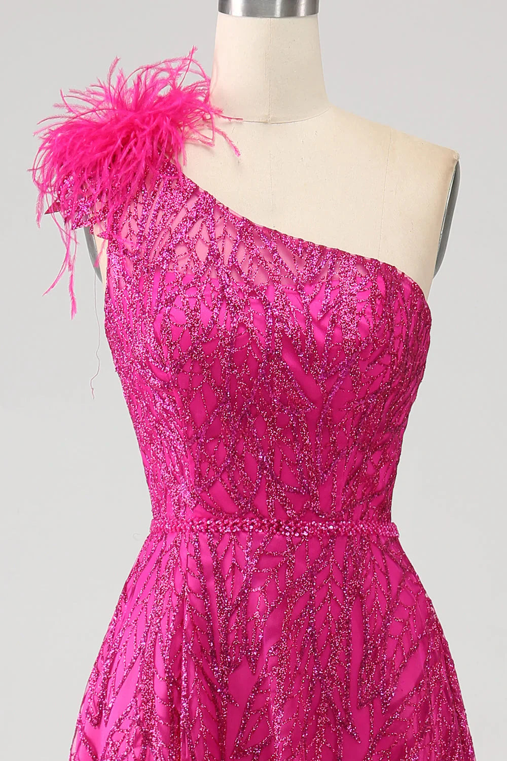 omberprom A-Line Evening Dress One Shoulder Feather Sequin Fuchsia Prom Dress With Slit