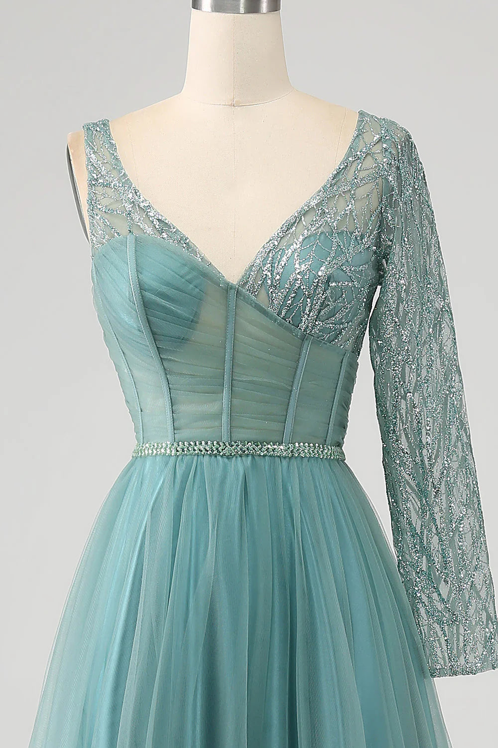 omberprom Grey Green A-Line Sparkly Sequin Long Corset Prom Dress