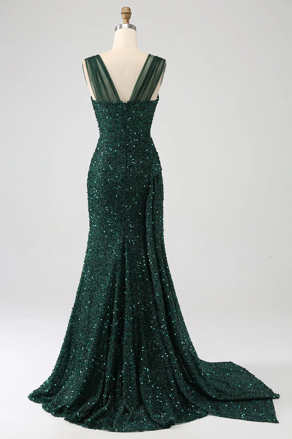 omberprom Sparkly Dark Green Long Prom Dress Sheath Sequin Pleated With Thigh Split