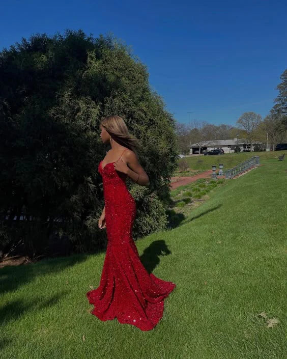 omberprom Elegant Formal Dress Spaghetti Straps Red Sequin Mermaid Long Prom Dress Dresses Gowns Evening Dresses