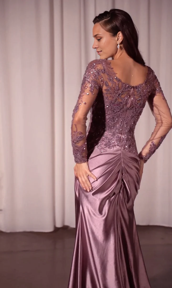 omberprom Elegant Long Sleeve For Formal Applique Satin Long Prom Dress Charming Evening Party Dress With Slit