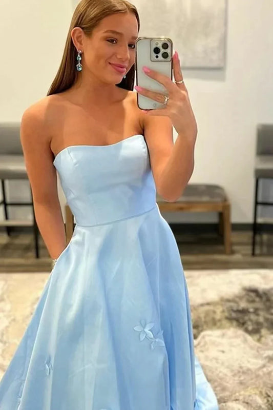 omberprom A Line Strapless Sleeveless Appliques Evening Dress Online Off Shoulder Prom Dress With Flowers