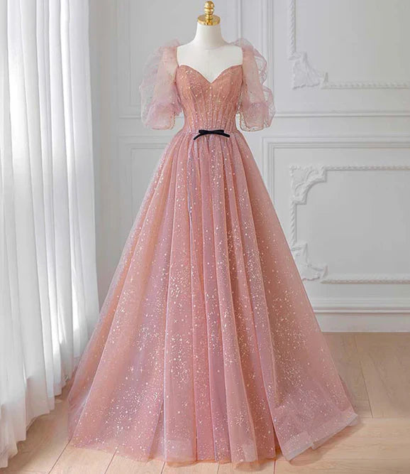 omberprom Tulle Beautiful Puffy Sleeves Long Prom Dress A-line Evening Dresses Charming Wholesale