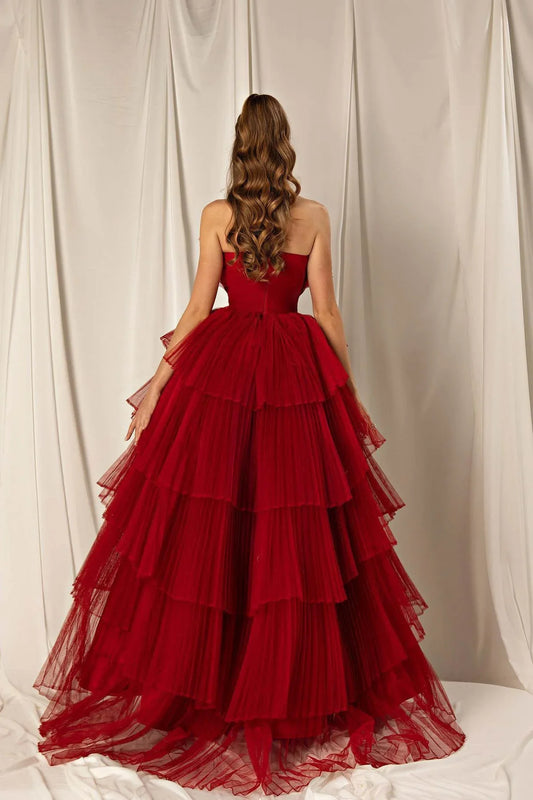 Burgundy Strapless Mermaid Sleeveless Layers Evening Dress Off Shoulder Prom Dress Wholesale