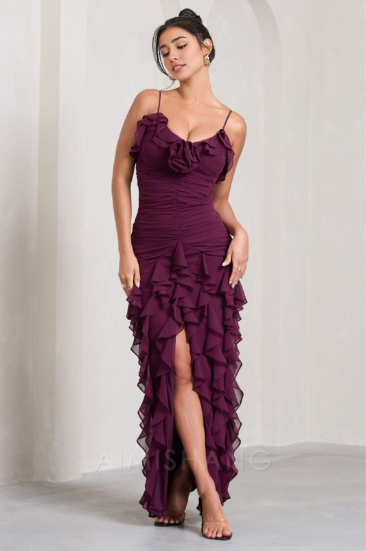 omberprom Elegant Gowns Evening Dresses Spaghetti Straps Chiffon Ruffle Evening Party Dress