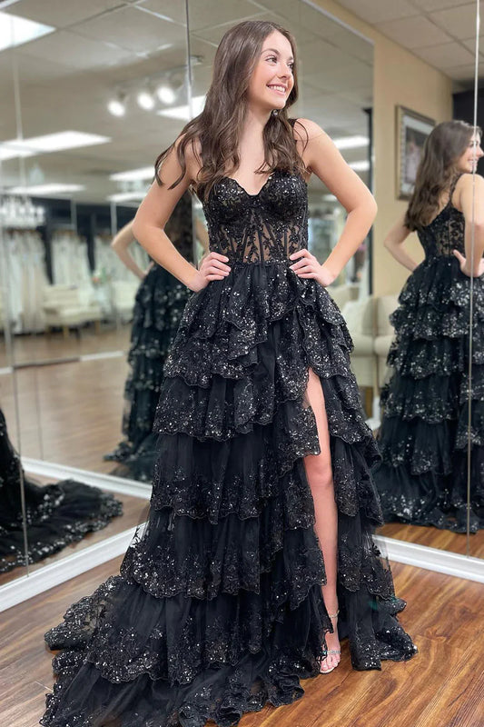 PM479, Luxury Black Applique Beaded Prom Dresses, High Split Long Evening Party Dress