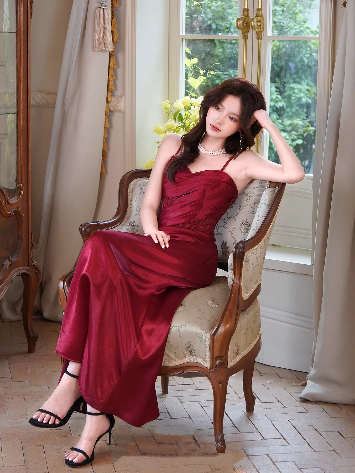 Fashion Red Spaghetti Straps Satin Pleated Mermaid Long Party Dress Birthday Dress SP2007