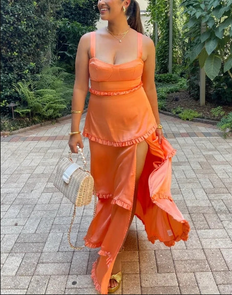 Orange A-Line Satin Layers Long Prom Dress with Slit Party Dress Formal Dress Wholesale