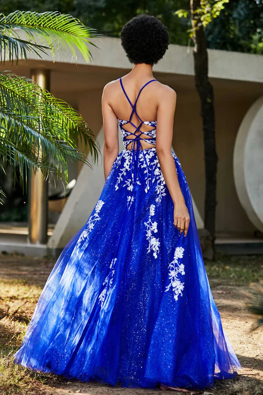 omberprom Elegant Prom Dresses V-neck Evening Dress Applique Tulle Dress With Slit