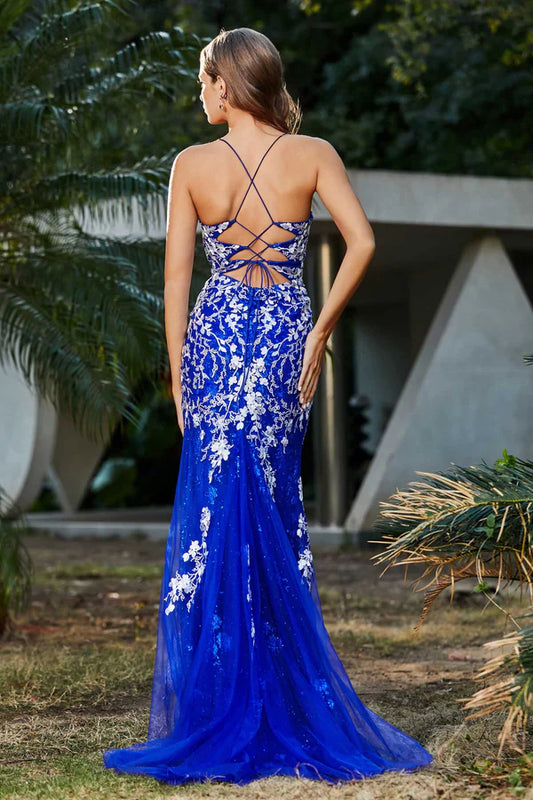omberprom Fashion Evening Dress Slit Spaghetti Straps Applique Tulle Dress Prom Dresses