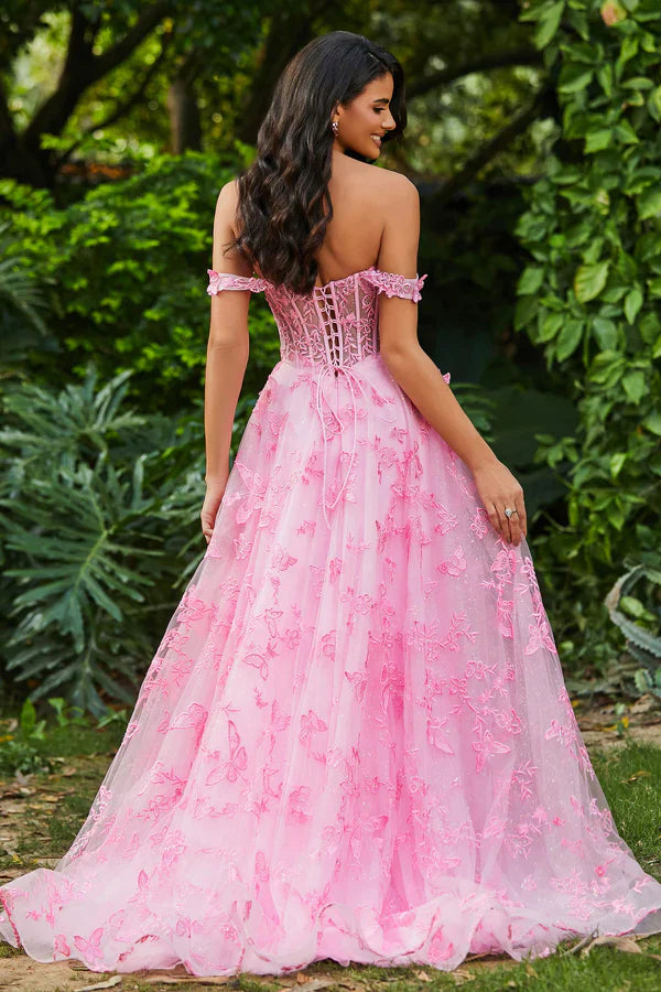 omberprom Elegant Prom Dresses Strapless Butterfly Applique Sweep Train Gown With Slit