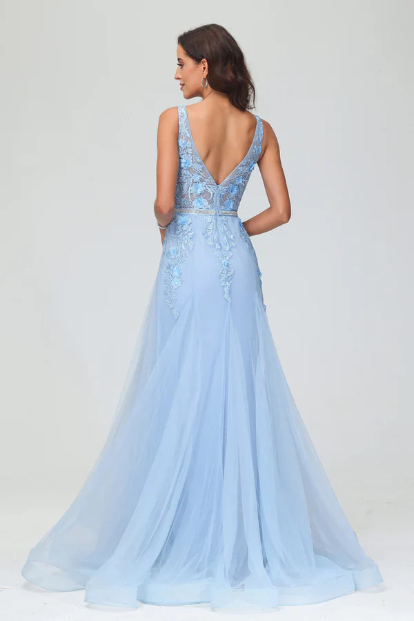 omberprom Elegant Prom Dresses Sleeveless Deep V-neck A-Line Sweep Train Tulle Gown