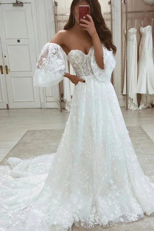 omberprom Elegant Half Sleeve A Line Lace Appliques Wedding Dresses Sweetheart Wedding Gowns