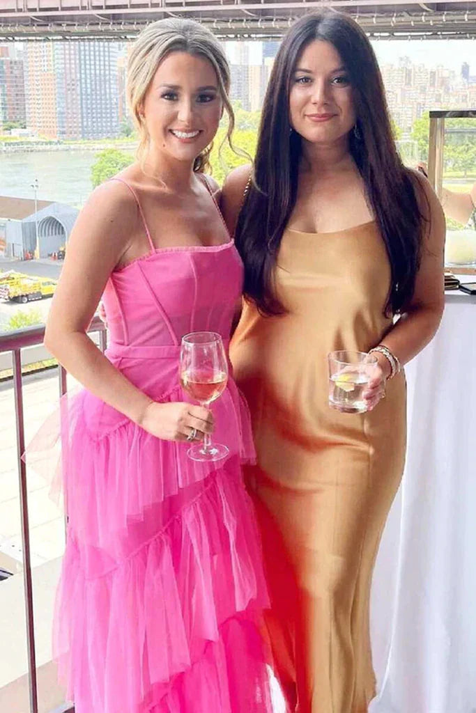 PM027,Princess Hot Pink A Line Tulle Long Prom Dress Layered Ruffles Evening Gown