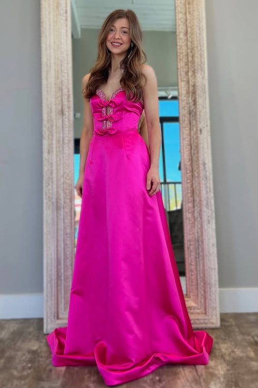 Hot Pink Satin A-Line Prom Dress with Sweetheart Neckline and Bowknots