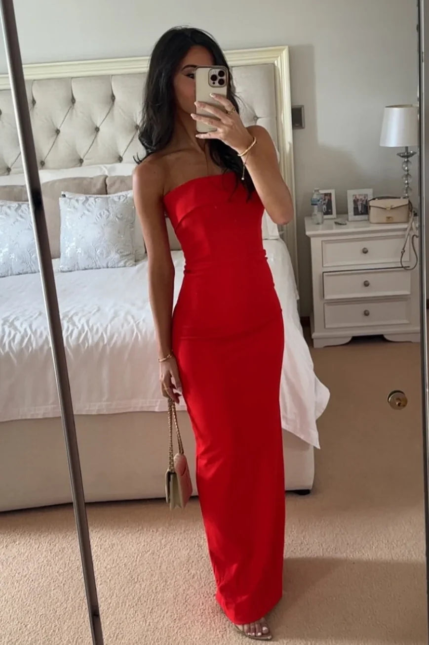 Hot Mermaid Strapless Red Long Prom Dress with Ruched Slit