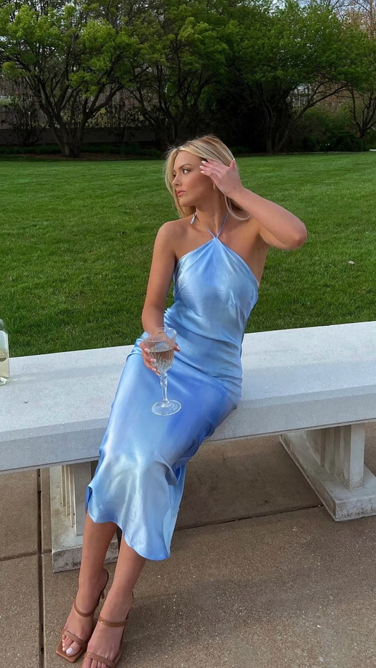 Women's Halter Neckline Blue Prom Dress,Wedding Guest Dress Y3024