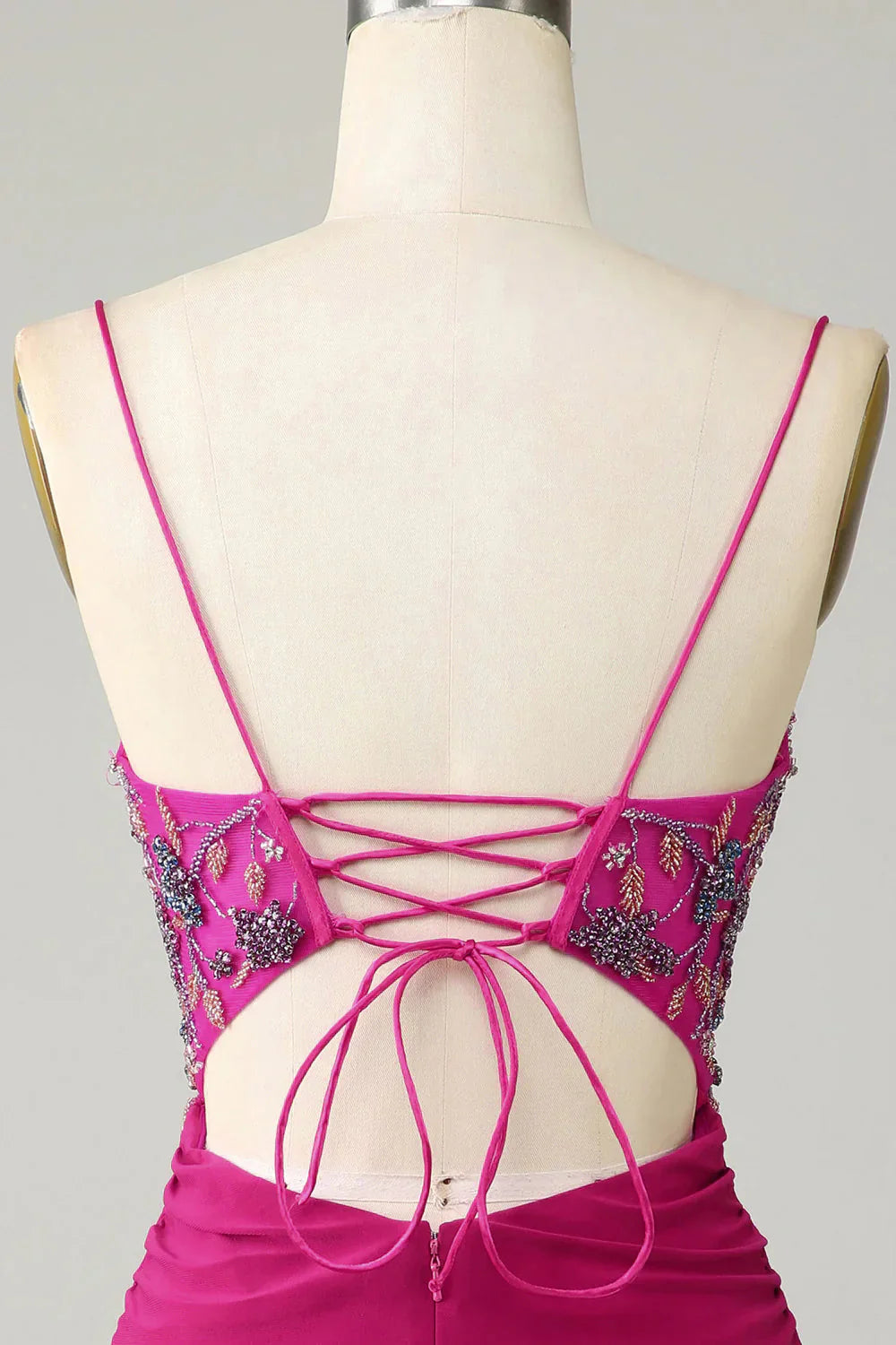 omberprom Short Homecoming Dress Stylish Bodycon Spaghetti Straps Fuchsia with Beaded