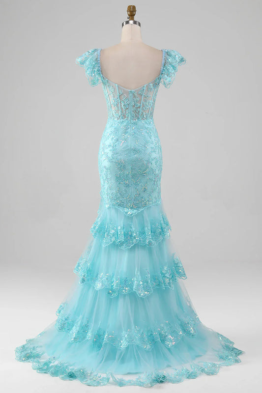 omberprom Sky Blue Mermaid Off the Shoulder Tiered Corset Prom Dress with Slit