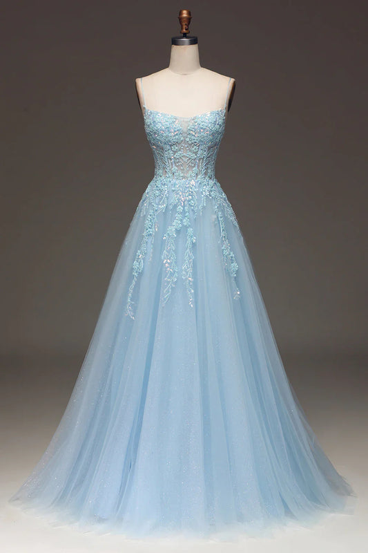 omberprom Light Blue A Line Evening Dress Spaghetti Straps Sequin Prom Dress With Appliques