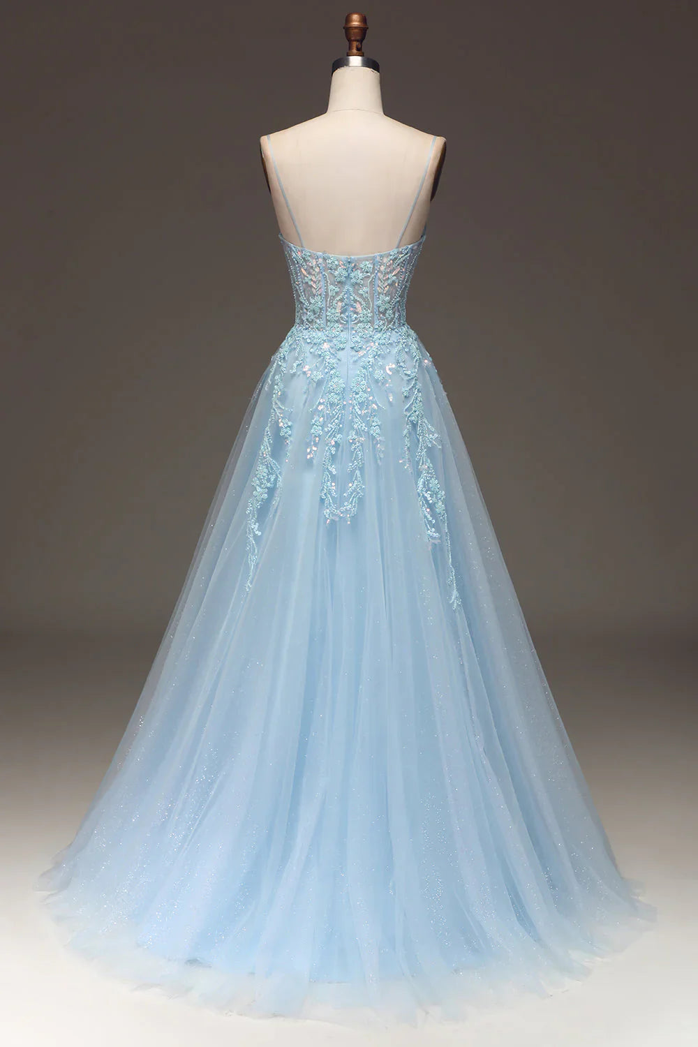 omberprom Light Blue A Line Evening Dress Spaghetti Straps Sequin Prom Dress With Appliques