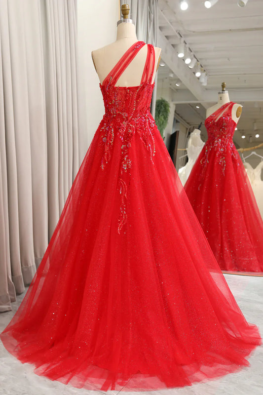 omberprom Sparkly Red A-Line One Shoulder Long Prom Dress With Sequins