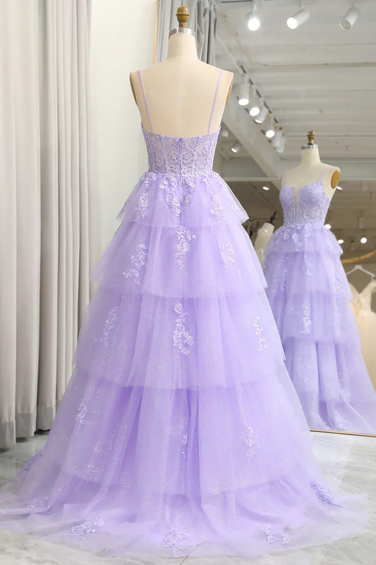 omberprom A Line Long Prom Dress Appliqued Tiered With Slit Charming Evening Party Dress