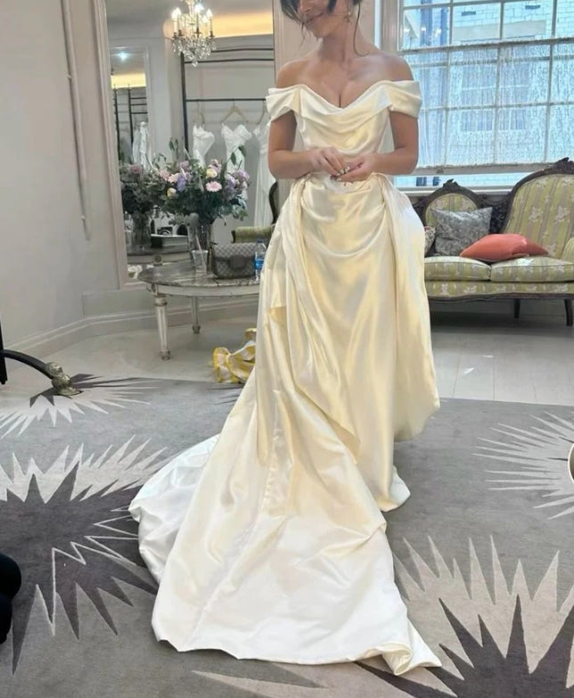 omberprom Elegant A Line Satin Long Wedding Dress Off The Shoulder Evening Wear