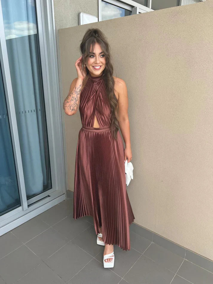 Elegant Pleated A-Line Halter Backless Long Party Dress Charming Evening Dress Wholesale