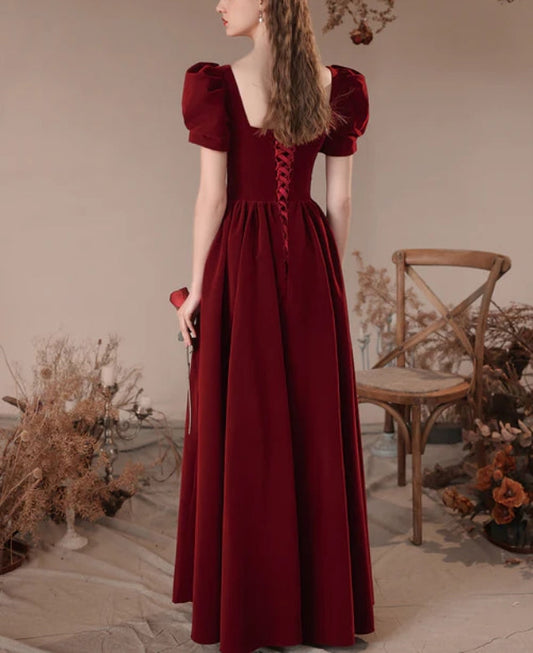 omberprom Wine Red Short Sleeves A-line Velvet Prom Dress Party Dress Bridesmaid Dress Elegant Evening Dress Wholesale