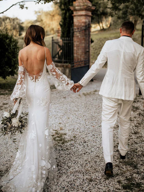 Delicate Floral Lace Spaghetti Straps Long Sleeves Mermaid Wedding Dresses Elegant