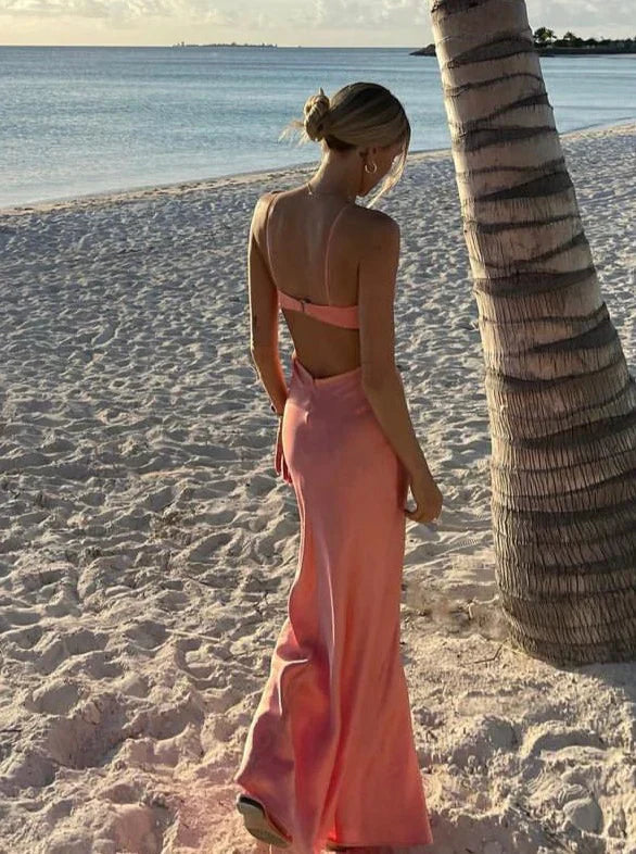 omberprom Charming Sheath Coral Satin Sleeveless Long Prom Dress Simple Evening Party Dress Sexy Fashion Formal Dress