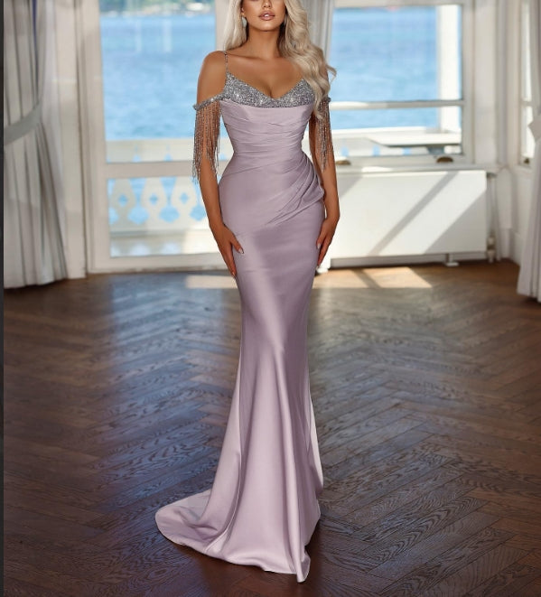 omberprom Elegant Lavender Long Evening Dress Spaghetti Strap With Pleated Sequins Tassel Sexy Wholesale