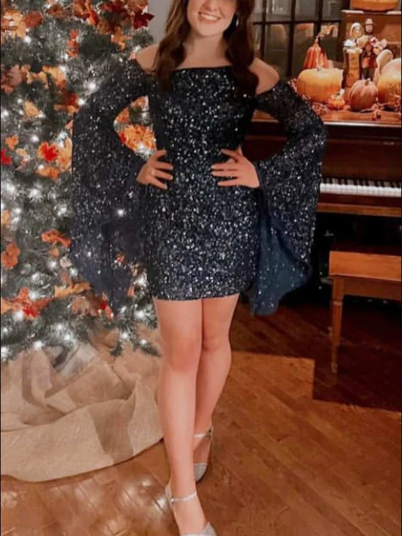 omberprom Sequins Cut Waist Shiny Homecoming Dress Off Shoulder Party Dress Graduation Dress