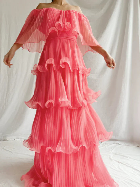 omberprom Sweetheart Watermelon Red A-Line Tiered Elegant Long Prom Dress Charming Evening Party Dress