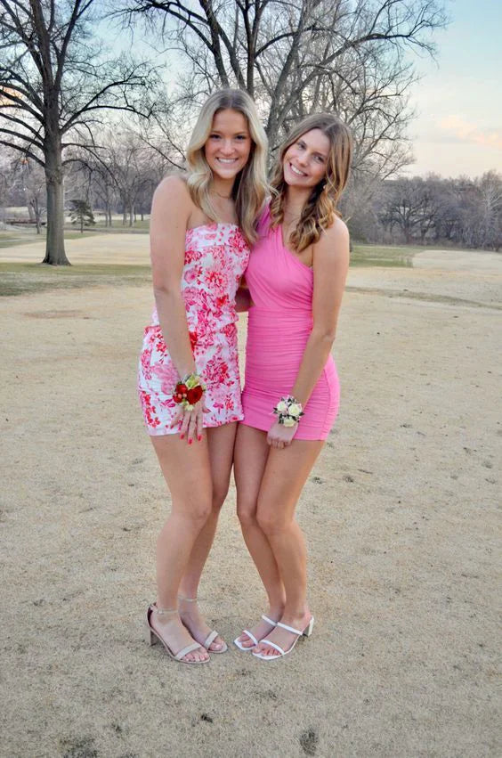 omberprom Floral Printed Sheath Strapless Short Party Dress Homecoming Dress Charming Graduation Dress