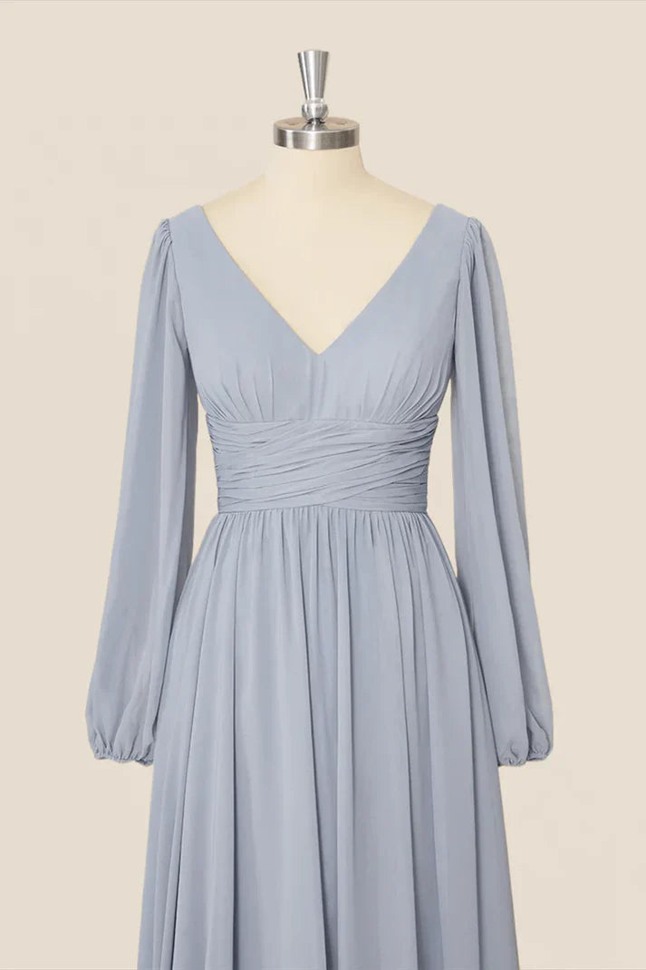 Grey Long Sleeves Chiffon A-Line Long Party Dress Bridesmaid Dress Elegant Evening Dress Wholesale