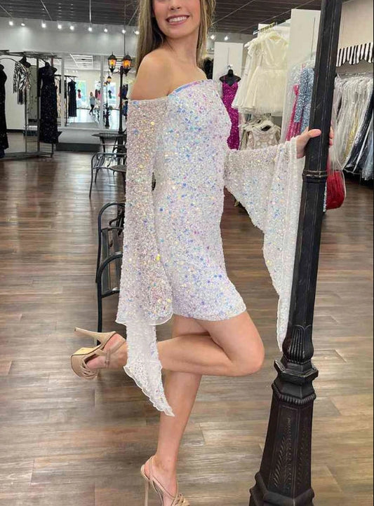 omberprom Sequins Cut Waist Shiny Homecoming Dress Off Shoulder Party Dress Graduation Dress