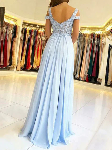 omberprom Beautiful Chiffon Light Blue with Lace Long Formal Dress Prom Dresses Elegant Evening Dress With Slit Wholesale