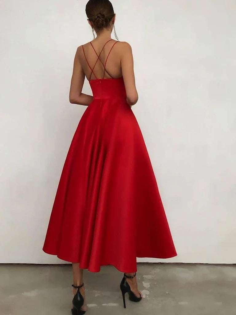 Simple Spaghetti Straps Satin A-line Prom Dresses Evening Gowns Sexy Party Dress Formal Dress Wholesale
