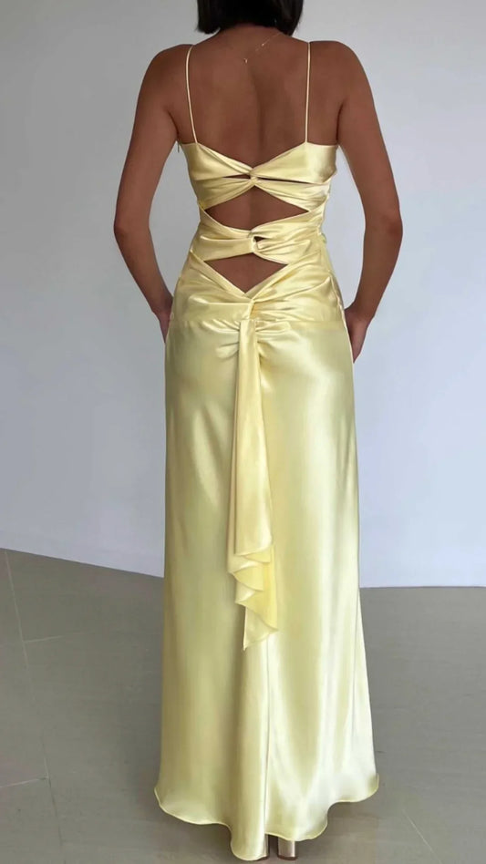 Light Yellow V Neck Straps Long Party Dress Wedding Guest Dress Formal Dress Wholesale
