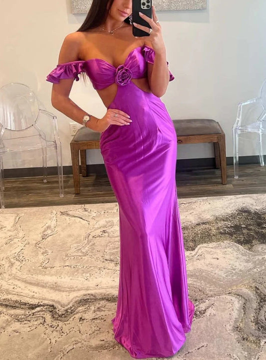 Fuchsia Off Shoulder Ruffle Side Cutouts Long Prom Dress Charming Evening Dress Party Dress Wholesale