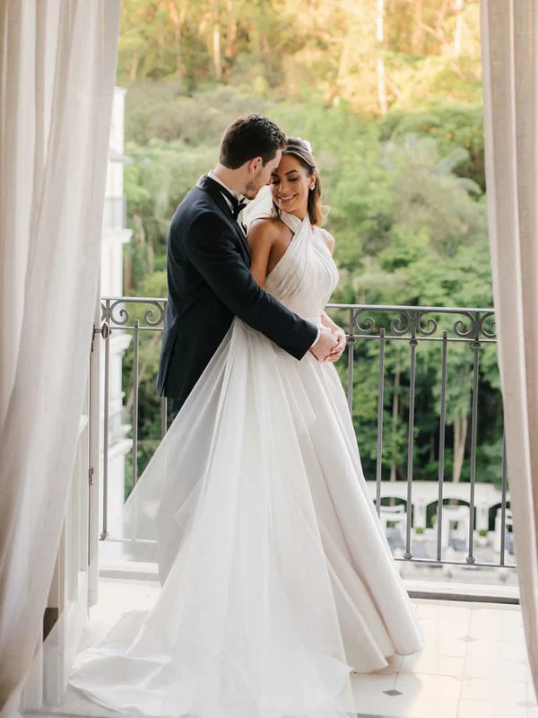 Halter Neck A Line Wedding Gown Criss Straps Simple Satin Wedding Dress Elegant Wholesale