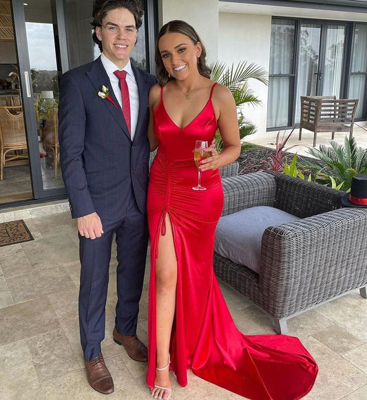 Aimishagn Red Spaghetti Straps Evening Dress With Slit V-neck Sexy Party Dress Formal Dress Wholesale