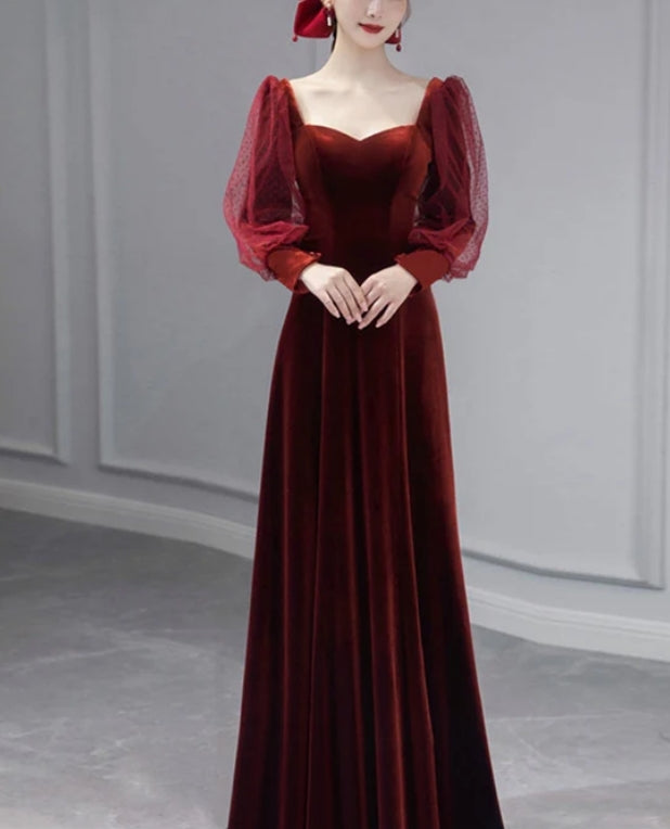 omberprom Wine Red Velvet Long Sleeves Floor Length Bridesmaid Dress Long Prom Dress Elegant Evening Party Dress