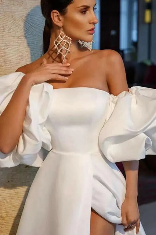 Off The Shoulder Bubble Sleeves Long Evening Dress With Slit Sexy Party Dress Wholesale