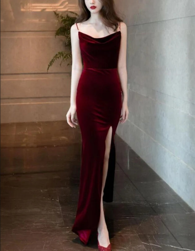 Burgundy Velvet Floor Length Mermaid Prom Dress Bridesmaid Dresses Evening Dress Party Dress With Slit