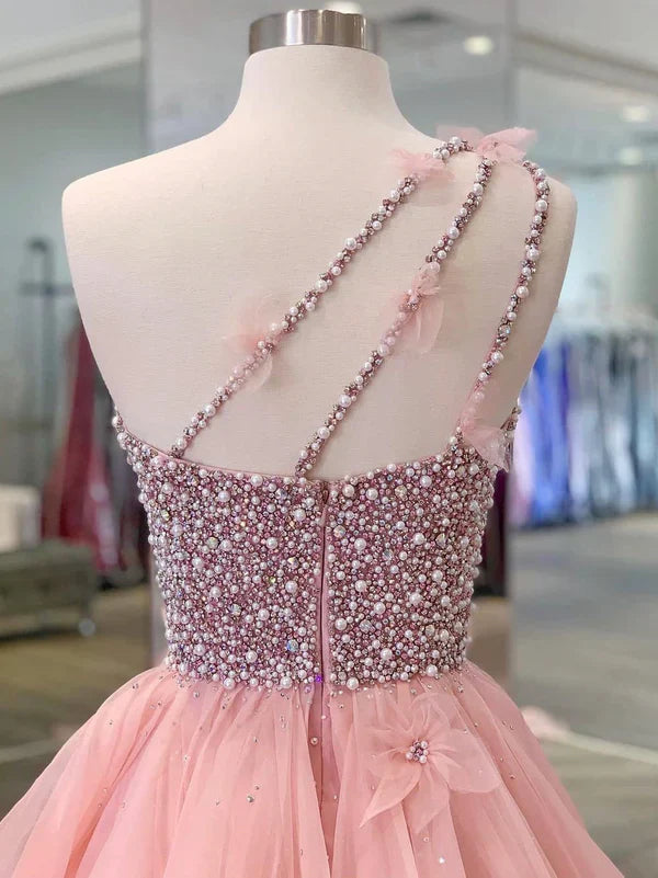 omberprom One-shoulder Tulle Beaded Flower A-line Prom Dresses Floor Length Beautiful Wholesale